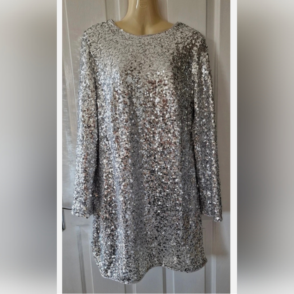 H&M Silver Size XS Sequined A-Line Shift Long Sleeved Dress Sparkle